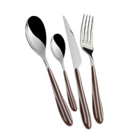 Posate composte da cucchiaio grande, cucchiaio piccolo, coltello e forchetta con manico marrone e acciaio